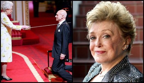 Two panels: (L) Actor Patrick Stewart is knighted by HM Queen Elizabeth at Buckingham Palace, (R) headshot of actress Rue McLanahan