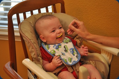 First baby food... and he loves it.  squash.