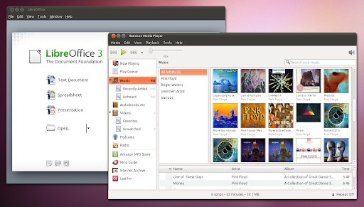 Banshee и LibreOffice в Ubuntu 11.04 Natty Narwhal Alpha 2