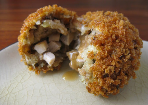 Thanksgiving Stuffing Croquettes with a Gravy Center