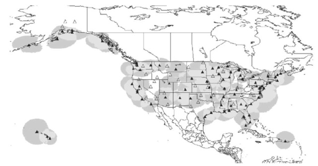 U.S. National Differential GPS System. This map shows the coverage of the NDGPS system as of 2001. Existing stations broadcast corrections in the 300 kHz band and generally have a range of 100-250 km. The current system covers the entire coastline and navigable rivers. Future upgrades are being deployed that will remove the gaps in coverage of the entire continental United States. This figure is available in full color at http://www.mrw.interscience.wiley.com/esst.