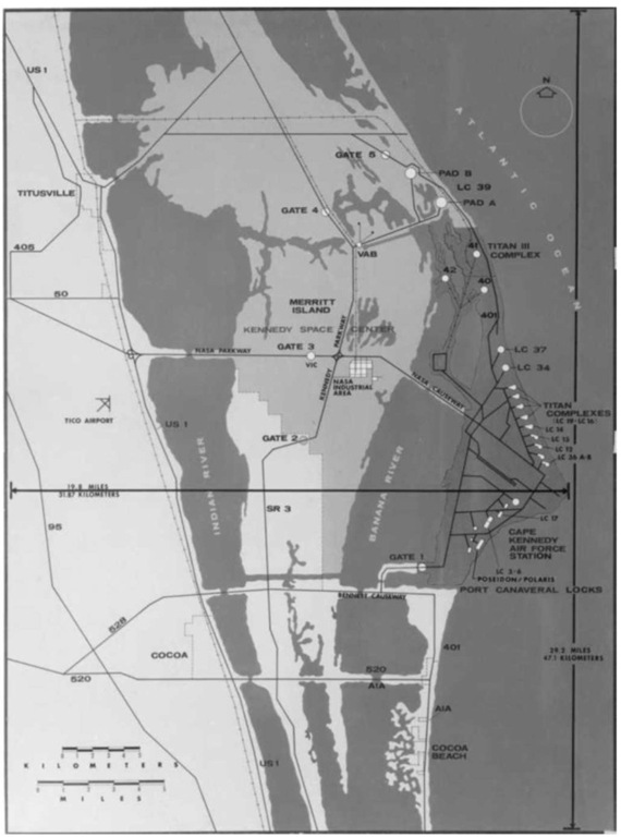 The geographical relationship of KSC, the Cape, and the surrounding communities in 1971. This drawing shows some facilities which had been planned but never built, such as Pad 42 (NASA photo). This figure is available in full color at http:// www.mrw.interscience.wiley.com/esst.
