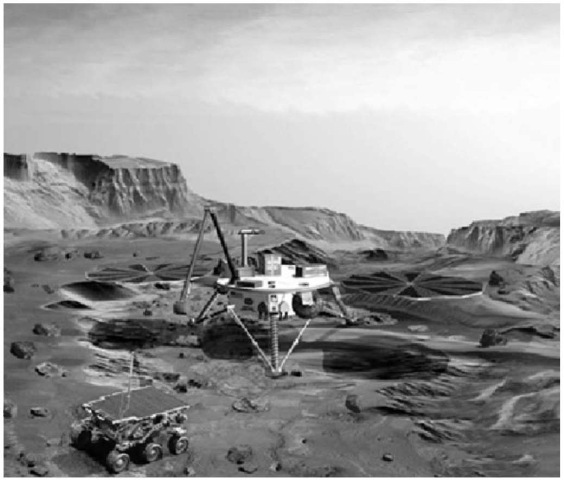  The Mars Surveyor Lander 2001. This spacecraft was part of the canceled program already mentioned in the caption for Figure 15. It is likely to be used eventually in a future NASA Mars exploration flight. The Lander will carry an imager to take pictures of the surrounding terrain during its' rocket-assisted descent to the surface. The descent imaging camera will provide images of the landing site for geologic analyses, and will aid planning for initial operations and traverses by the rover. The Lander will also be a platform for instruments and technology experiments designed to provide key insights to decisions regarding successful and cost-effective human missions to Mars. Hardware on the Lander will be used for an in-situ demonstration test of rocket propellant production using gases in the Martian atmosphere. Other equipment will characterize the Martian soil proper and surface radiation environment.This figure is available in full color at http://www.mrw. interscience.wiley.com/esst.