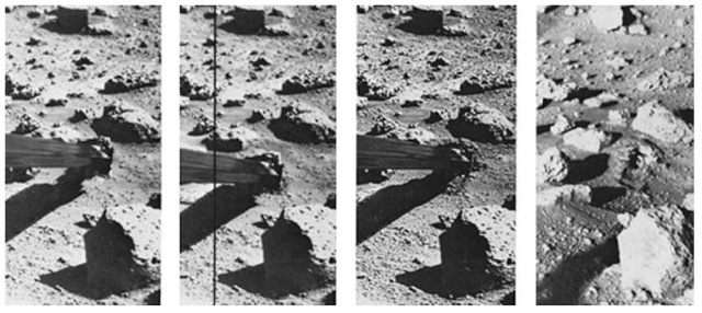 Operation of the surface sampler in obtaining martian soil was closely monitored by one of the Lander cameras because of the precision required in trenching a small area (8 x 10 inches; 20 x 25 centimeters) surrounded by rocks. The exposure of thin crust appeared in unique contrast with surrounding materials and became a prime target for organic analysis in spite of potential hazards. The large rock in the foreground is only 8 inches (20 centimeters) high. At left, the sampler scoop has touched the surface, missing the rock at upper left by a comfortable 6 inches (15 centimeters), and the backhoe had penetrated the surface about 0.5 inch (13 millimeters). The scoop was then pulled back to sample the desired point and (second view) the backhoe furrowed the surface, pulling a piece of thin crust toward the spacecraft. The initial touchdown and retraction sequence was used to avoid a collision between a rock (in the shadow of the arm) and a plate joining the arm and scoop. The rock was cleared by 2 to 3 inches (5 to 7.5 centimeters). The third picture was taken 8 minutes after the scoop touched the surface and shows that the collector head has acquired a quantity of soil. With the surface sampler withdrawn (right), the foot-long (0.3-meter) trench is seen between the rocks. The trench is 3 inches (7.5 centimeters) wide and about 1.5 to 2 inches (3.8 to 5 centimeters) deep. The scoop reached to within 3 inches (7.5 centimeters) of the rock at the far end of the trench. Penetration appears to have left a cavernous opening roofed by the crust and only about one inch (2.5 centimeters) of undisturbed crust separates the deformed surface and the rock. 