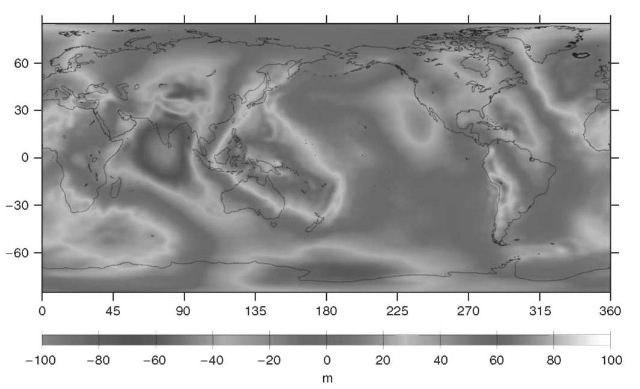 The shape of the Earth is illustrated by the geoid, a surface determined from the JGM-3 gravity field of the Earth. The geoid, which is a reflection of the mass distribution within the Earth, coincides with mean sea level in the ocean regions. The figure shows departures of the geoid from an oblate spheroid, or ellipse of revolution. Though the geoid is a suitable surrogate for the physical shape of the Earth in the ocean areas, local land topography (such as Mt. Everest) must be added to represent fully the topographic characteristics in landmass areas. This figure is available in full color at http://www.mrw. interscience wiley com/esst