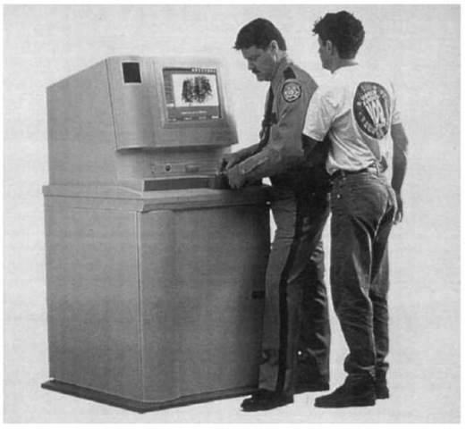 Livescan station for electronic recording of fingerprints. 