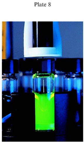 Plate 8 ANALYTICAL TECHNIQUES/Separation Techniques Photograph of a SPME fiber inserted into headspace of a sampling vial. 