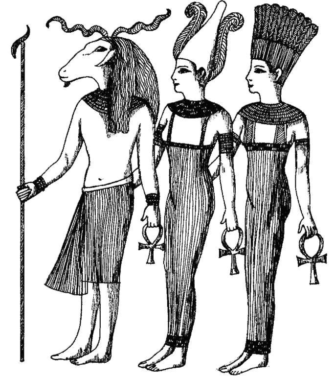 The deities of the Elephantine and the first cataract of the Nile—Khnum, Satet, and Atet.