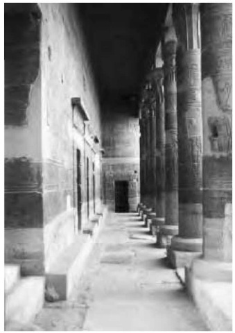 Columns forming a hall leading to an interior chamber in the temple of Isis, the Mother Goddess, at Philae. 