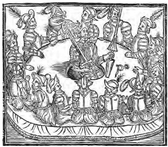 A medieval woodcut depicting King Arthur and his valiant Knights of the Round Table, who served as a model for secular orders.