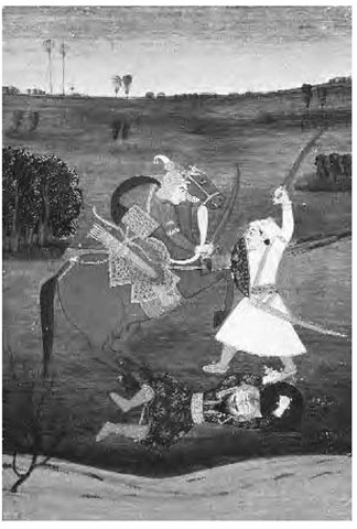 An Indian miniature of the defeat of a devil by a prince on horseback and a warrior, Ragmala Bikaner school, 1765.
