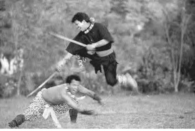 Advanced acrobatic and sword skills are required in thang-ta, as is demonstrated by this photograph of two men in Manipur, ca. 1994. 