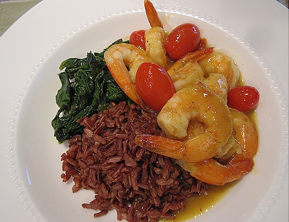 Yellow Curry Shrimp with Cherry Tomatoes, Wilted Spinach & Brown Rice