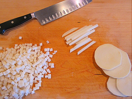 Slicing a Turnip - First into Circles, Then into Stips, Then into Little Cubes