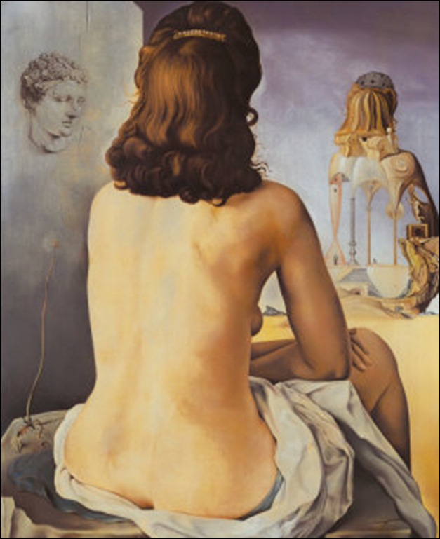 Dali, Ma femme nue regardant son propre corps devenir marches, trois vertèbres d'une colonne, ciel et architecture 1945 Dali, Ma femme nue regardant son propre corps devenir marches, trois vertèbres d'une colonne, ciel et architecture 1945