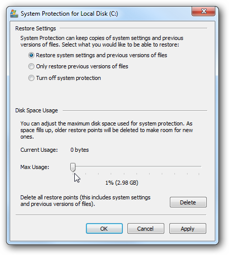 Enable System Restore Feature Windows 7