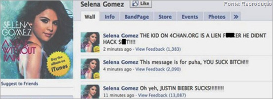 Facebook de Selena ap&oacute;s invas&atilde;o - clique para ampliar