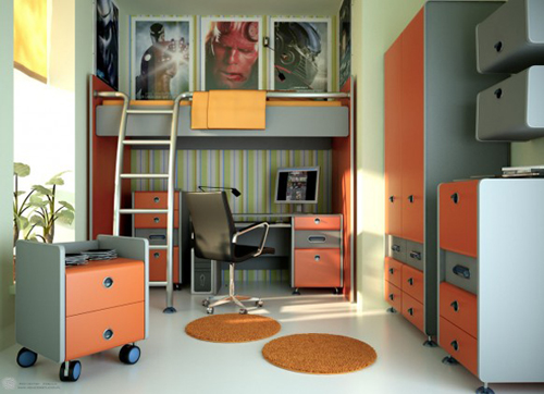 Small-teen-room-with-dark-carpet-gray-walls-and-bunk-bed-frames