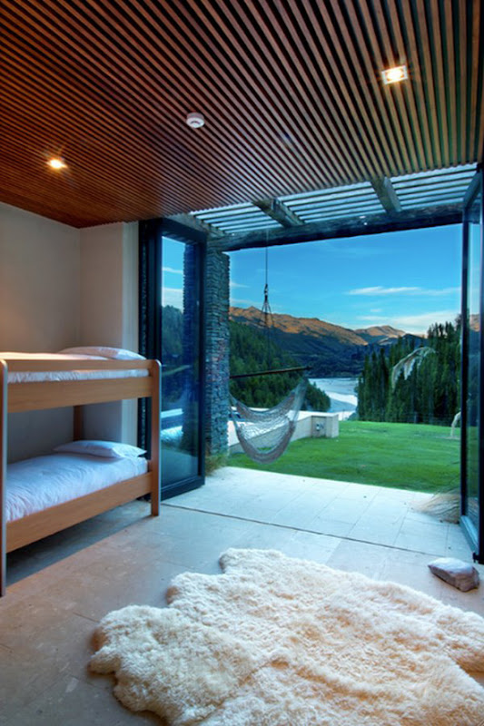 minimalist bedroom with mountain view