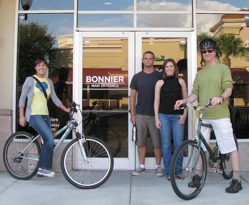 From left: Adrienne (biked in one day so far), Eddy (hitched ride with wife all week), Ashley (carpools with her husband), Matthew (biked in two days so far). Photo by Lori (feeling peer pressure).