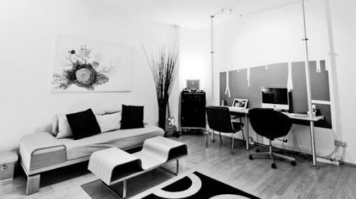 open office layout design. black white home office