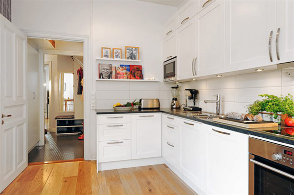 minimalist kitchen small apartment with wood floor