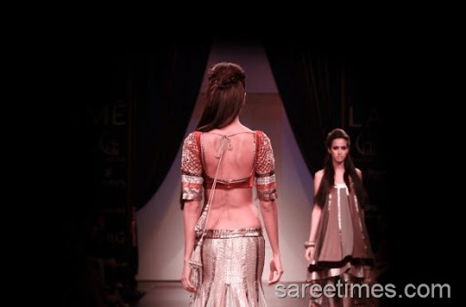 Model displaying beautiful embellished sari blouse design for back at LFW