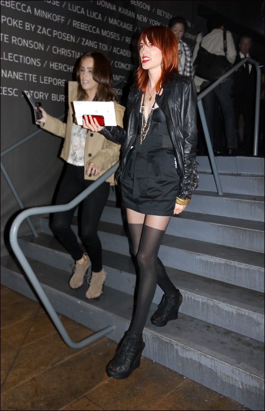 w black thigh high stockings black leather jacket red  hair
