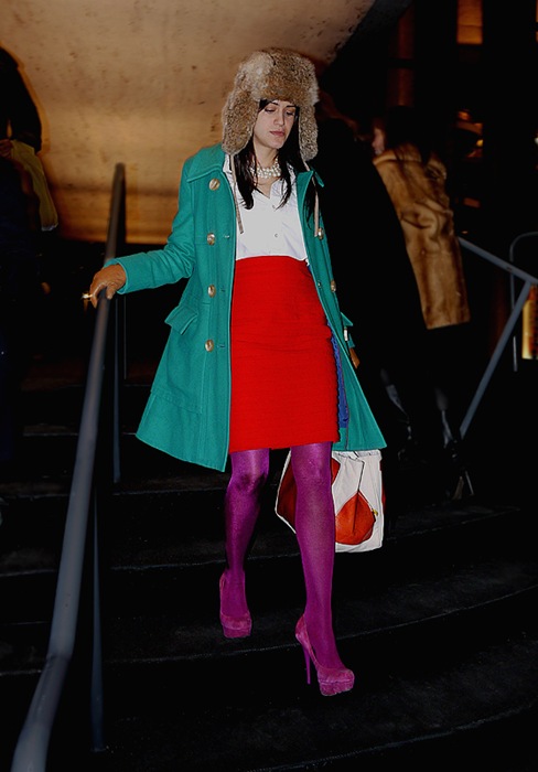 w fur bomber green coat bright red skirt magenta tights and high heels