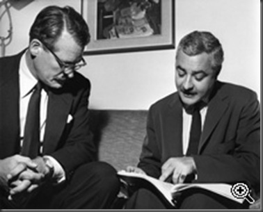 Anthony Hinds, 'Hammer Films' producer and screenwriter, with Michael Carreras, 'Hammer Films' producer, executive producer, and director. Circa 1960.