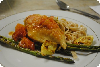 Chicken Vera with Tomatoes and Artichokes, Fresh Asparagus, and Pasta