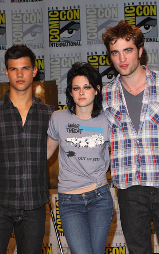 The cast of the upcoming film 'Twilight : New Moon' held a special Press Conference At San Diego Comic Con, San Diego California. <P> Pictured: Taylor Lautner, Kristin Stewart, Robert Pattinson <B>Ref: SPL114698 230709 </B><BR/> Picture by: Richie Buxo / Splash News<BR/> </P><P> <B>Splash News and Pictures</B><BR/> Los Angeles: 310-821-2666<BR/> New York: 212-619-2666<BR/> London: 870-934-2666<BR/> photodesk@splashnews.com<BR/> </P>