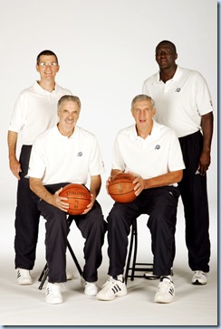 Scott Layden, Phil Johnson, Jerry Sloan and Tyrone Corbin on Jazz media day (photographed by Melissa Majrchzak for NBAE/Getty Images)