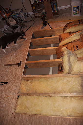 We had to rip up the subfloor to get the massive squeaks out. Notice how they hung the drywall for the apartment downstairs (hint: the white strip).