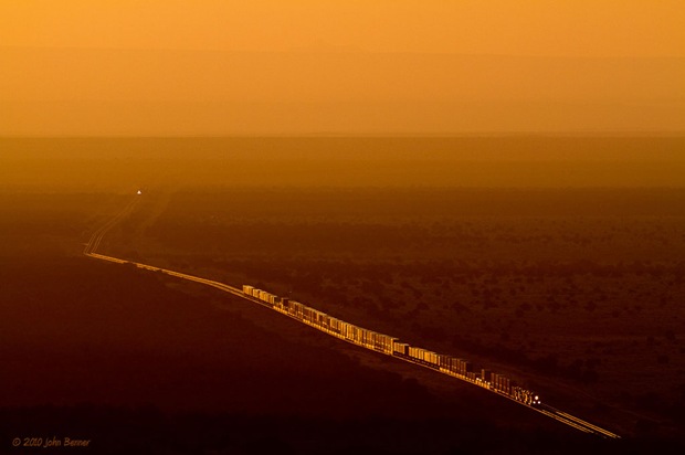 Sunrise on the Colorado Plateau greets a westbound train as it climbs the Arizona Divide with a manifest on it's block on the BNSF Seligman Subdivision.