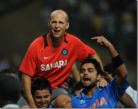 india celebrate with coatch garry.world cup 2011