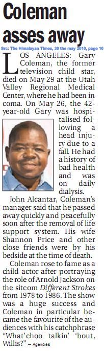 obituary fail Gary Coleman passes away