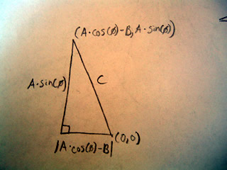 Second Diagram for proof of the law of cosines defining the length of the sides with our predefined coordinates
