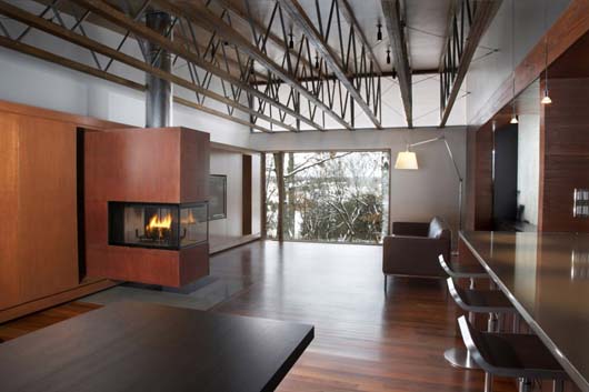 open space interior design with fireplace