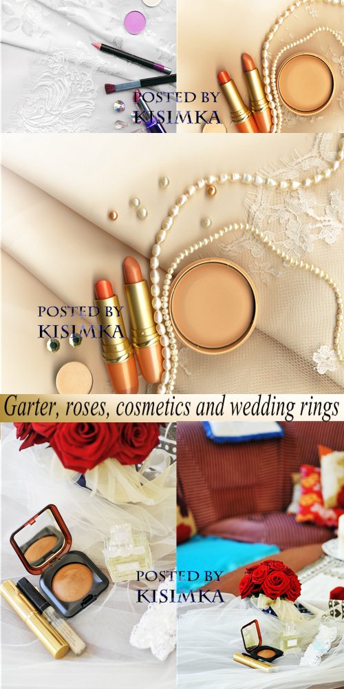 Stock Photo: Garter, roses, cosmetics and wedding rings Stock Photo: Garter, roses, cosmetics and wedding rings