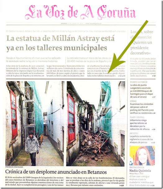 Recorte do  xornal “La Voz de Galicia” correspondente ao sábado 23 de xaneiro de 2010.