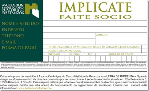 Folleto de inscrición de socio da Asociación Amigos do Casco Histórico de Betanzos
