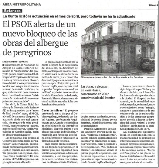 Recorte do xornal "El Ideal Gallego" correspondente ao xoves 5 de agosto de 2010