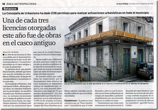 Recorte do xornal "El Ideal Gallego" correspondente ao domingo 14 de novembro de 2010