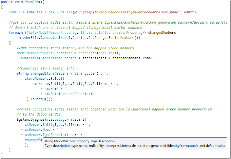 Sample showing how to read and query metrics from an existing EDMX file