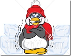 33821-Clipart-Illustration-Of-A-Cold-Penguin-Mascot-Cartoon-Character-In-A-Hat-And-Scarf-Shivering-And-Surrounded-By-Blocks-Of-Ice