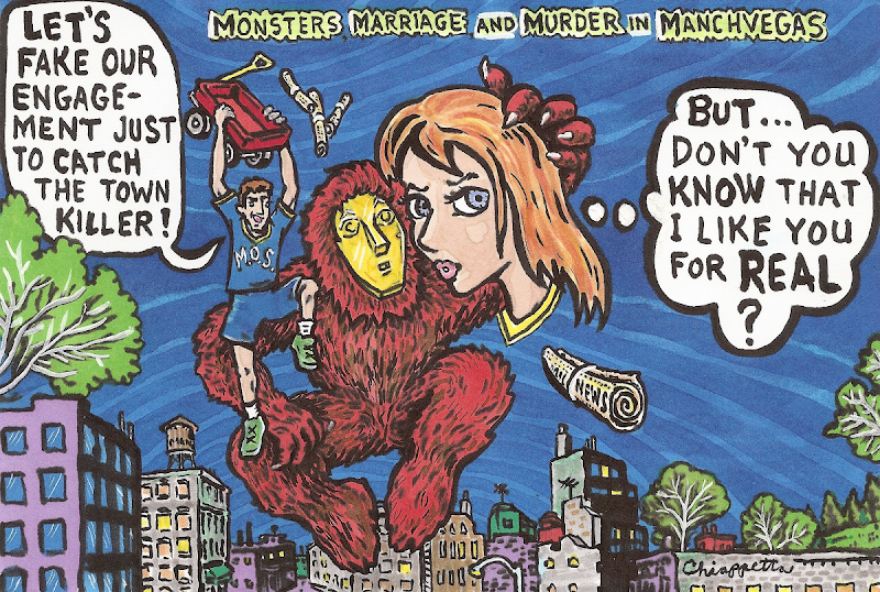 Comic adaptation of Monsters, Marriage and Murder in Manchvegas - illustration by Joe Chiapetta
