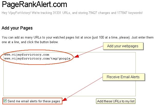 Add Webpages to PageRankAlert