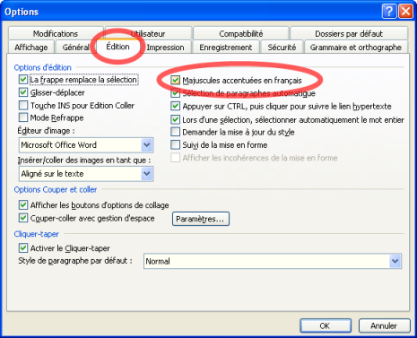 Outils Options Edition Majuscules accentuées en français