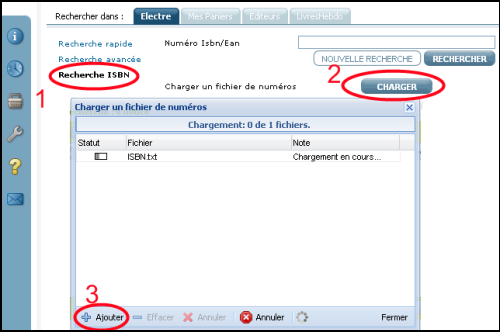 Charger un fichier d'ISBN copie d'écran